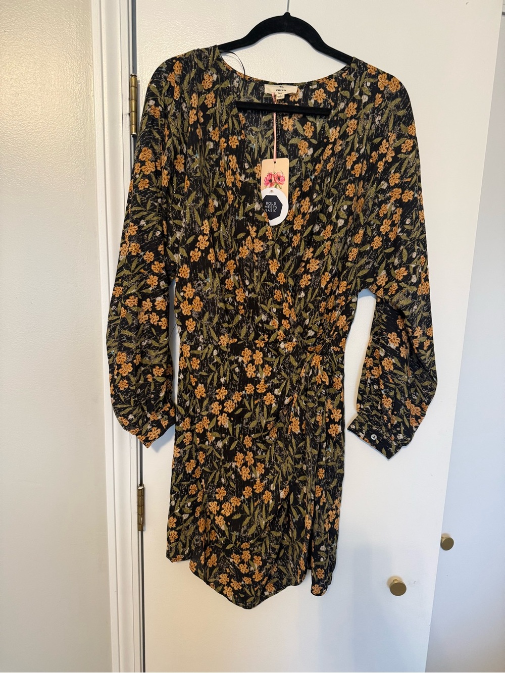 entro Black Floral Long Sleeve Dress with Mustard Blooms